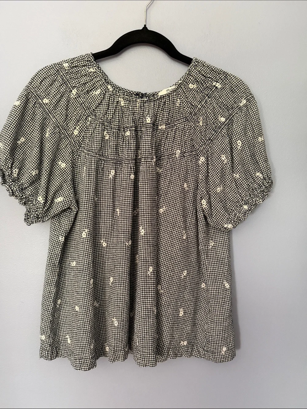 Madewell Black White Gingham Embroidered Daisy Smocked Puff Sleeve Top XL